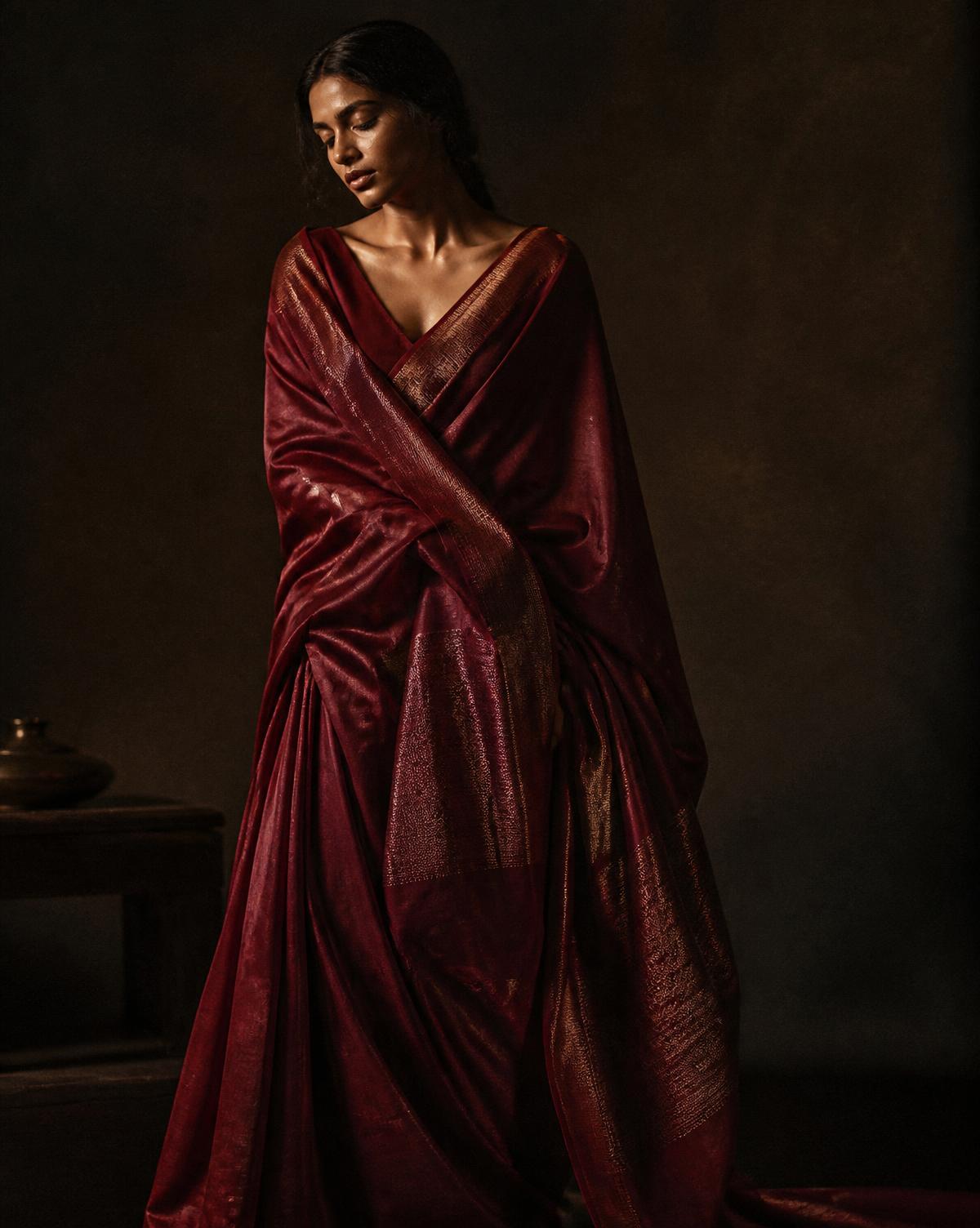 Deep oxblood handwoven silk drape lit by a single warm source