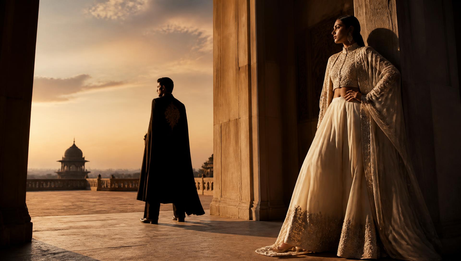 Two couture figures within monumental sandstone architecture at dusk