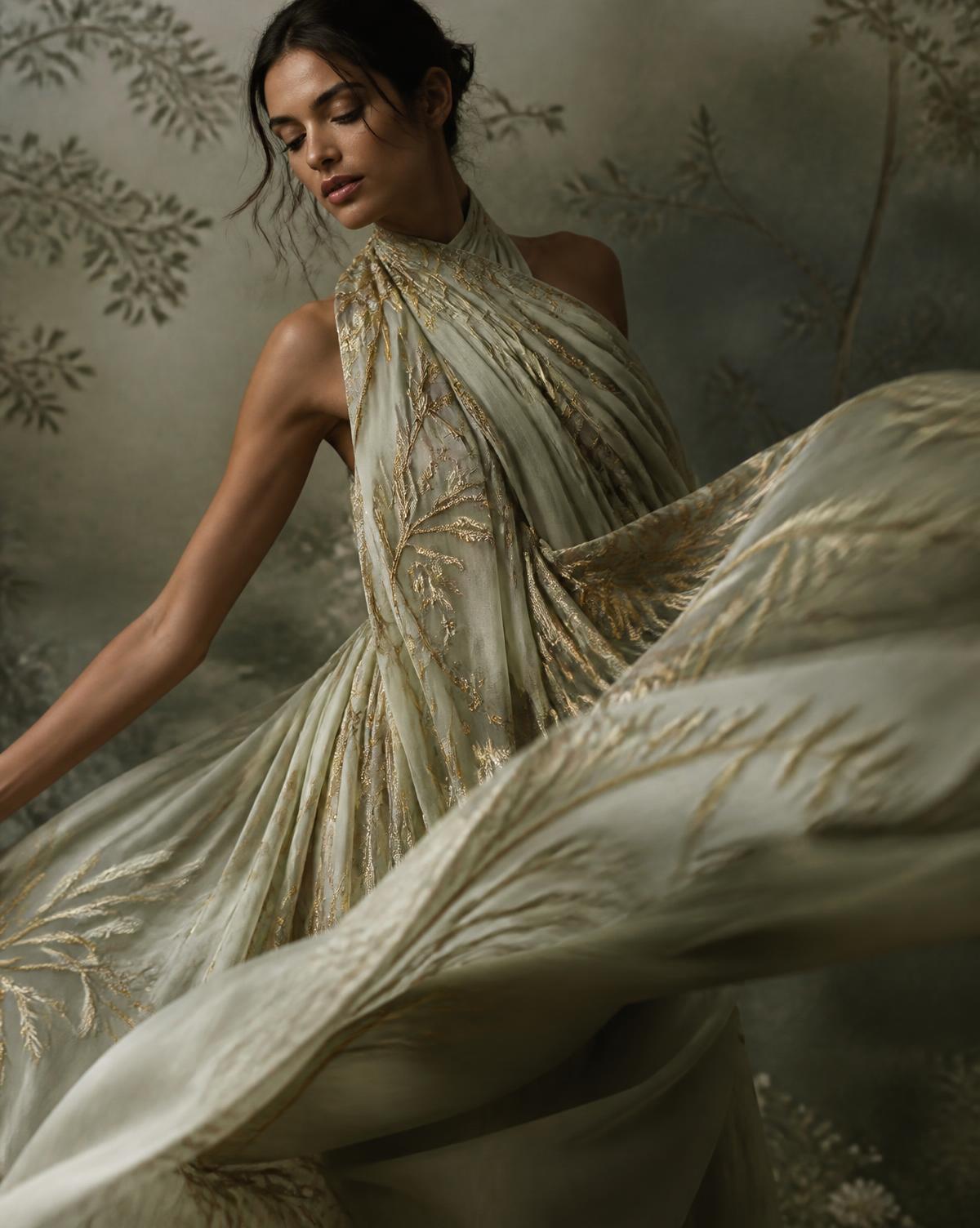Pale silk gown with gold botanical embroidery caught mid-movement